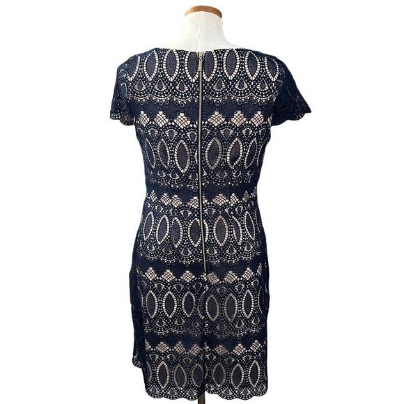 Eliza J Nude Illusion Lace Overlay Sheath Dress Wedding Guest Cocktail Size 8 - Picture 3 of 16